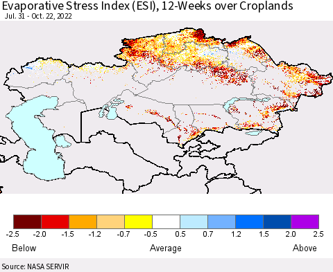 Kazakhstan Evaporative Stress Index (ESI), 12-Weeks over Croplands Thematic Map For 10/17/2022 - 10/23/2022
