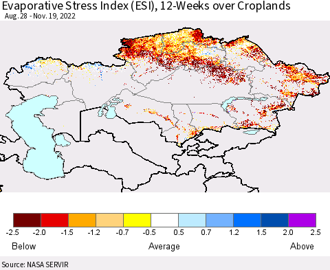 Kazakhstan Evaporative Stress Index (ESI), 12-Weeks over Croplands Thematic Map For 11/14/2022 - 11/20/2022