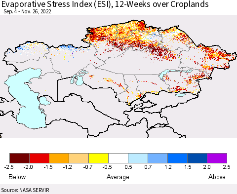 Kazakhstan Evaporative Stress Index (ESI), 12-Weeks over Croplands Thematic Map For 11/21/2022 - 11/27/2022