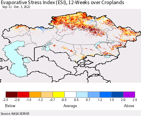 Kazakhstan Evaporative Stress Index (ESI), 12-Weeks over Croplands Thematic Map For 11/28/2022 - 12/4/2022