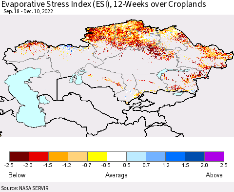 Kazakhstan Evaporative Stress Index (ESI), 12-Weeks over Croplands Thematic Map For 12/5/2022 - 12/11/2022