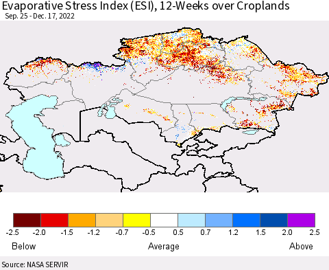 Kazakhstan Evaporative Stress Index (ESI), 12-Weeks over Croplands Thematic Map For 12/12/2022 - 12/18/2022