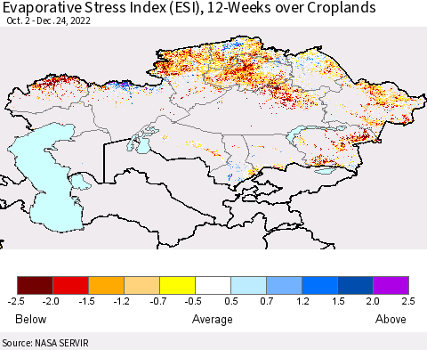 Kazakhstan Evaporative Stress Index (ESI), 12-Weeks over Croplands Thematic Map For 12/19/2022 - 12/25/2022