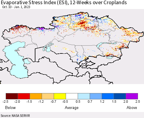 Kazakhstan Evaporative Stress Index (ESI), 12-Weeks over Croplands Thematic Map For 12/26/2022 - 1/1/2023