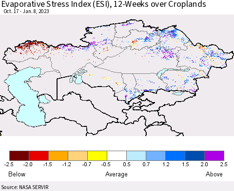 Kazakhstan Evaporative Stress Index (ESI), 12-Weeks over Croplands Thematic Map For 1/2/2023 - 1/8/2023