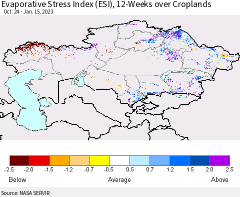 Kazakhstan Evaporative Stress Index (ESI), 12-Weeks over Croplands Thematic Map For 1/9/2023 - 1/15/2023