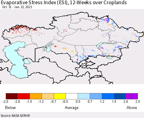 Kazakhstan Evaporative Stress Index (ESI), 12-Weeks over Croplands Thematic Map For 1/16/2023 - 1/22/2023