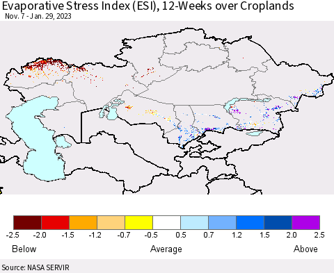 Kazakhstan Evaporative Stress Index (ESI), 12-Weeks over Croplands Thematic Map For 1/23/2023 - 1/29/2023