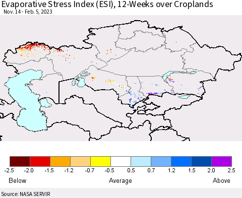 Kazakhstan Evaporative Stress Index (ESI), 12-Weeks over Croplands Thematic Map For 1/30/2023 - 2/5/2023