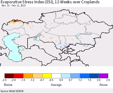 Kazakhstan Evaporative Stress Index (ESI), 12-Weeks over Croplands Thematic Map For 2/6/2023 - 2/12/2023