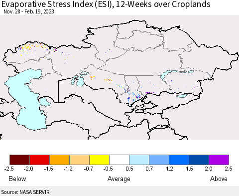 Kazakhstan Evaporative Stress Index (ESI), 12-Weeks over Croplands Thematic Map For 2/13/2023 - 2/19/2023