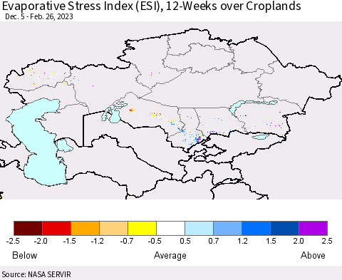 Kazakhstan Evaporative Stress Index (ESI), 12-Weeks over Croplands Thematic Map For 2/20/2023 - 2/26/2023