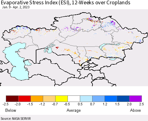 Kazakhstan Evaporative Stress Index (ESI), 12-Weeks over Croplands Thematic Map For 3/27/2023 - 4/2/2023