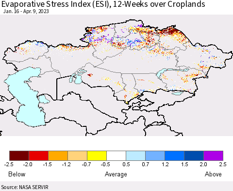 Kazakhstan Evaporative Stress Index (ESI), 12-Weeks over Croplands Thematic Map For 4/3/2023 - 4/9/2023