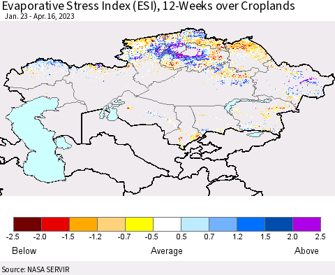 Kazakhstan Evaporative Stress Index (ESI), 12-Weeks over Croplands Thematic Map For 4/10/2023 - 4/16/2023