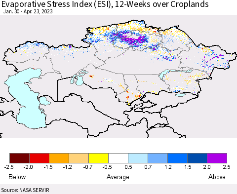 Kazakhstan Evaporative Stress Index (ESI), 12-Weeks over Croplands Thematic Map For 4/17/2023 - 4/23/2023