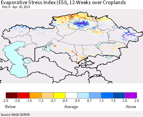 Kazakhstan Evaporative Stress Index (ESI), 12-Weeks over Croplands Thematic Map For 4/24/2023 - 4/30/2023