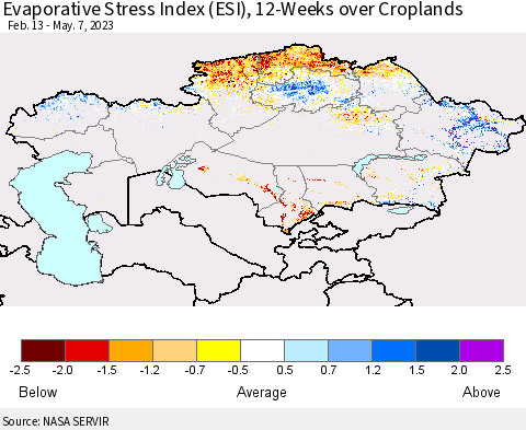 Kazakhstan Evaporative Stress Index (ESI), 12-Weeks over Croplands Thematic Map For 5/1/2023 - 5/7/2023