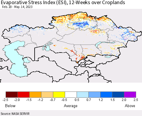 Kazakhstan Evaporative Stress Index (ESI), 12-Weeks over Croplands Thematic Map For 5/8/2023 - 5/14/2023