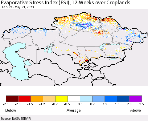 Kazakhstan Evaporative Stress Index (ESI), 12-Weeks over Croplands Thematic Map For 5/15/2023 - 5/21/2023