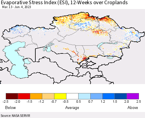 Kazakhstan Evaporative Stress Index (ESI), 12-Weeks over Croplands Thematic Map For 5/29/2023 - 6/4/2023