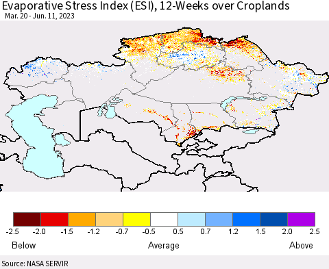 Kazakhstan Evaporative Stress Index (ESI), 12-Weeks over Croplands Thematic Map For 6/5/2023 - 6/11/2023