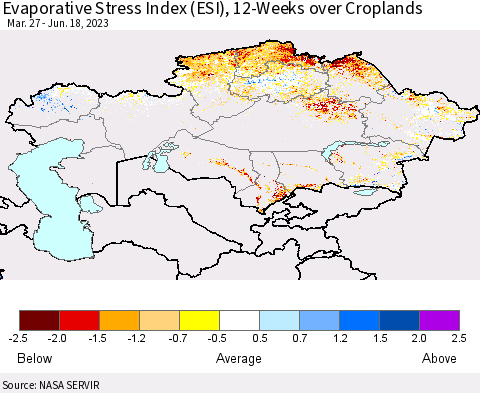 Kazakhstan Evaporative Stress Index (ESI), 12-Weeks over Croplands Thematic Map For 6/12/2023 - 6/18/2023