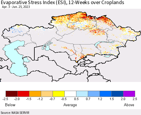 Kazakhstan Evaporative Stress Index (ESI), 12-Weeks over Croplands Thematic Map For 6/19/2023 - 6/25/2023