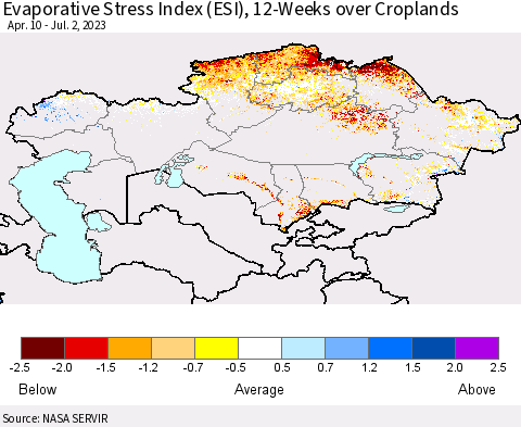 Kazakhstan Evaporative Stress Index (ESI), 12-Weeks over Croplands Thematic Map For 6/26/2023 - 7/2/2023
