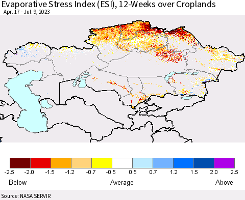 Kazakhstan Evaporative Stress Index (ESI), 12-Weeks over Croplands Thematic Map For 7/3/2023 - 7/9/2023