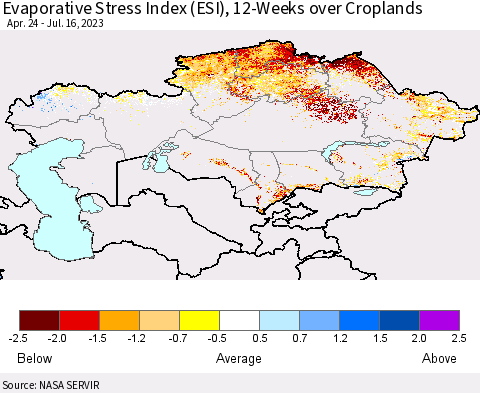 Kazakhstan Evaporative Stress Index (ESI), 12-Weeks over Croplands Thematic Map For 7/10/2023 - 7/16/2023