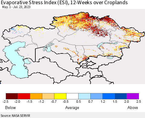 Kazakhstan Evaporative Stress Index (ESI), 12-Weeks over Croplands Thematic Map For 7/17/2023 - 7/23/2023