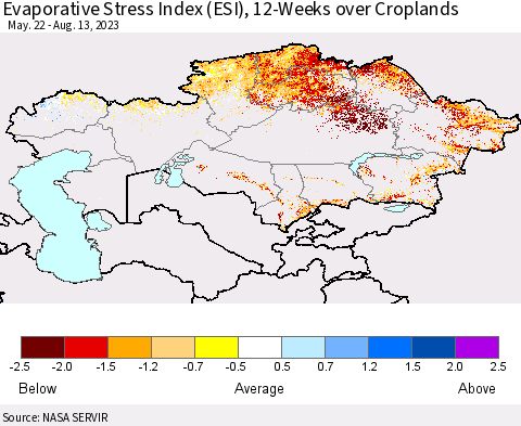 Kazakhstan Evaporative Stress Index (ESI), 12-Weeks over Croplands Thematic Map For 8/7/2023 - 8/13/2023