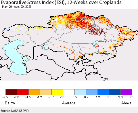 Kazakhstan Evaporative Stress Index (ESI), 12-Weeks over Croplands Thematic Map For 8/14/2023 - 8/20/2023