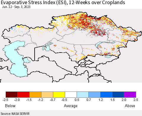 Kazakhstan Evaporative Stress Index (ESI), 12-Weeks over Croplands Thematic Map For 8/28/2023 - 9/3/2023
