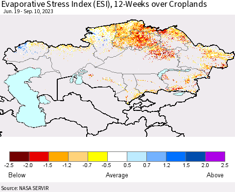 Kazakhstan Evaporative Stress Index (ESI), 12-Weeks over Croplands Thematic Map For 9/4/2023 - 9/10/2023