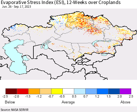 Kazakhstan Evaporative Stress Index (ESI), 12-Weeks over Croplands Thematic Map For 9/11/2023 - 9/17/2023