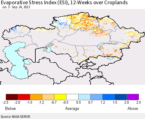 Kazakhstan Evaporative Stress Index (ESI), 12-Weeks over Croplands Thematic Map For 9/18/2023 - 9/24/2023