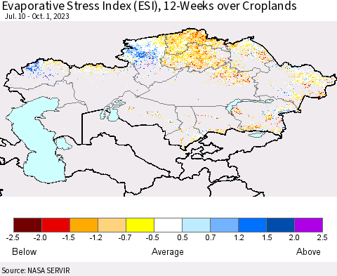 Kazakhstan Evaporative Stress Index (ESI), 12-Weeks over Croplands Thematic Map For 9/25/2023 - 10/1/2023