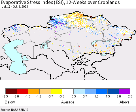 Kazakhstan Evaporative Stress Index (ESI), 12-Weeks over Croplands Thematic Map For 10/2/2023 - 10/8/2023