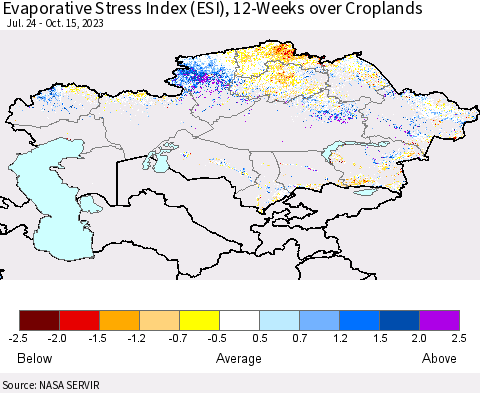 Kazakhstan Evaporative Stress Index (ESI), 12-Weeks over Croplands Thematic Map For 10/9/2023 - 10/15/2023