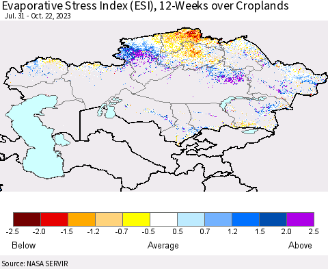 Kazakhstan Evaporative Stress Index (ESI), 12-Weeks over Croplands Thematic Map For 10/16/2023 - 10/22/2023