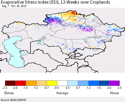 Kazakhstan Evaporative Stress Index (ESI), 12-Weeks over Croplands Thematic Map For 10/23/2023 - 10/29/2023