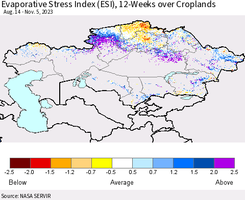 Kazakhstan Evaporative Stress Index (ESI), 12-Weeks over Croplands Thematic Map For 10/30/2023 - 11/5/2023