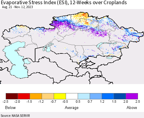 Kazakhstan Evaporative Stress Index (ESI), 12-Weeks over Croplands Thematic Map For 11/6/2023 - 11/12/2023