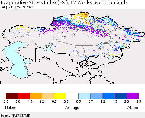 Kazakhstan Evaporative Stress Index (ESI), 12-Weeks over Croplands Thematic Map For 11/13/2023 - 11/19/2023