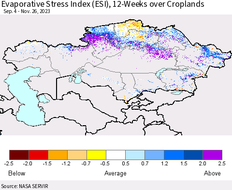 Kazakhstan Evaporative Stress Index (ESI), 12-Weeks over Croplands Thematic Map For 11/20/2023 - 11/26/2023