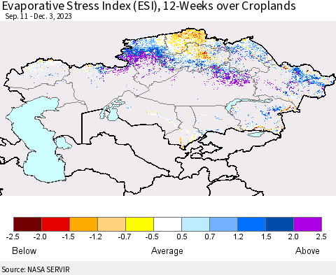 Kazakhstan Evaporative Stress Index (ESI), 12-Weeks over Croplands Thematic Map For 11/27/2023 - 12/3/2023
