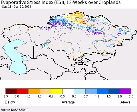 Kazakhstan Evaporative Stress Index (ESI), 12-Weeks over Croplands Thematic Map For 12/4/2023 - 12/10/2023