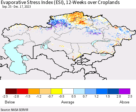 Kazakhstan Evaporative Stress Index (ESI), 12-Weeks over Croplands Thematic Map For 12/11/2023 - 12/17/2023